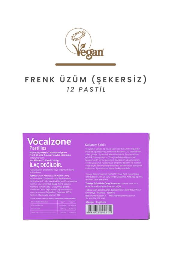 Vocalzone Frenk Üzüm Şekersiz 12 Pastil - 2